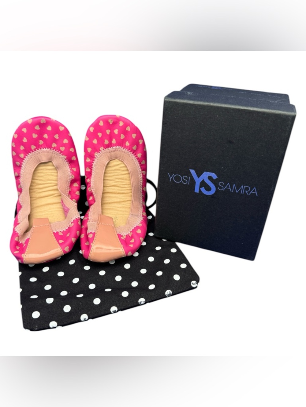Yosi Samra Girls Foldable Ballet Flats Pink Heart Print - Size 13 Girls